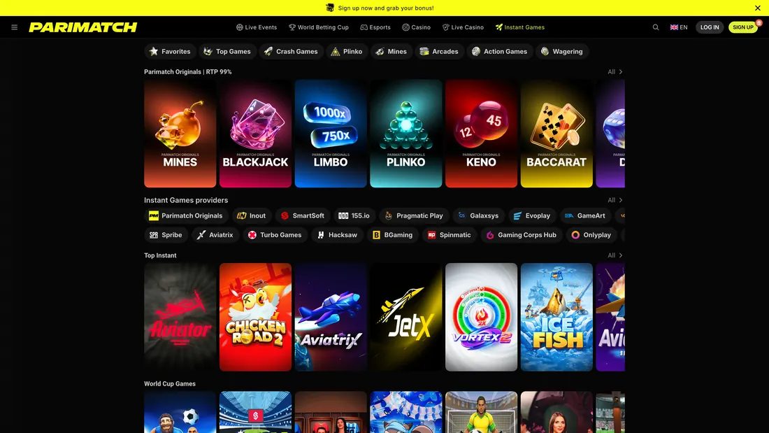 Sección de juegos instantáneos de Parimatch con Aviator y juegos rápidos
